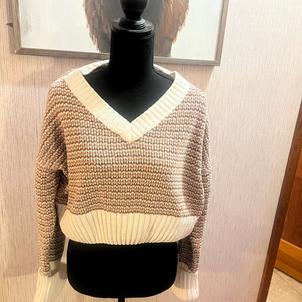 Pink Rose V-Neck Sweater - Cream and Brown